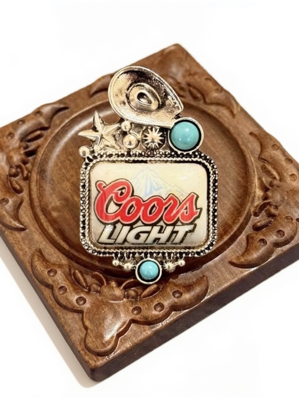 Vintage inspired ring - Coors Light logo, turquoise stones • new! • stretch band